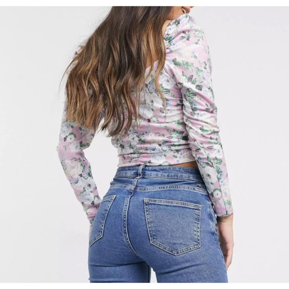 ASOS DESIGN Long Sleeve Crop Top‎ Lace Up Front in Pink Floral Print, Size 8 - Picture 9 of 11